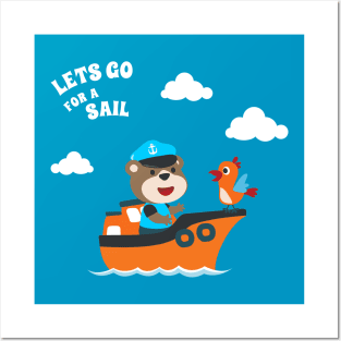 Cute bear the animal sailor on the boat with cartoon style Posters and Art